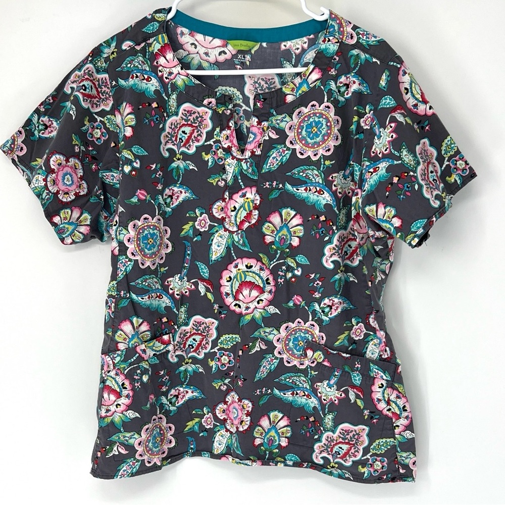 Vera Bradley Dark Gray Floral Short Sleeve Top with Pink & Teal Accents
